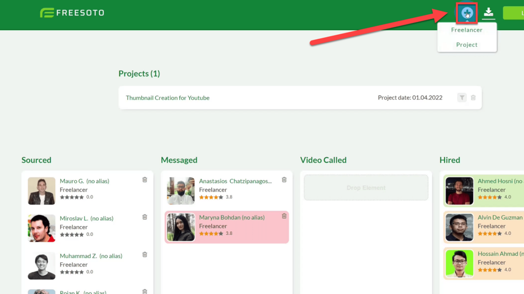 Plus sign button for adding Projects and Freelancers in Freesoto