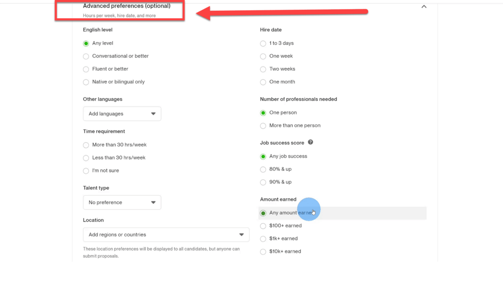 Advanced preferences where filters for freelancers can be set