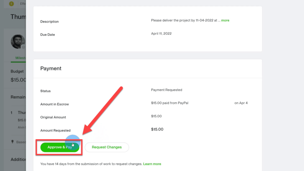 Approve and pay payment button to release escrow funds to freelancer on Upwork