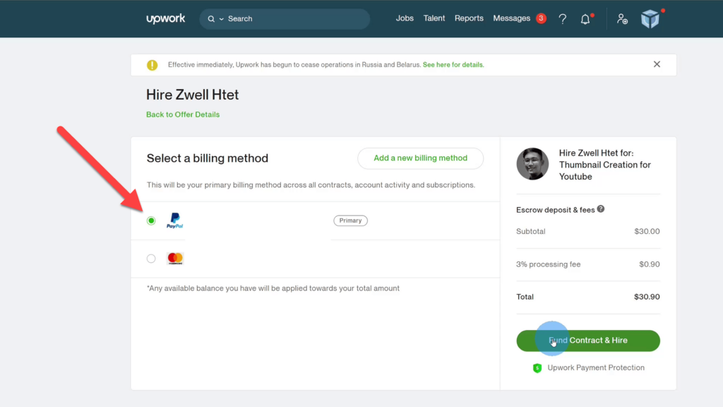 Billing method, with PayPal or credit card to select on Upwork
