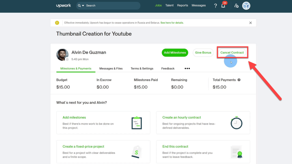 Cancel Contract Button to rate the Freelancer on Upwork