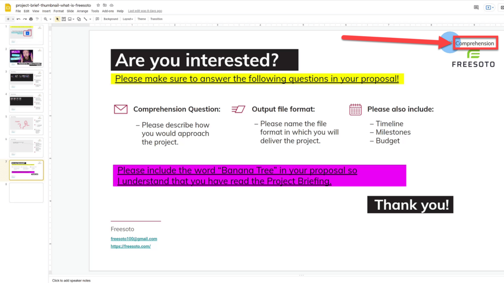 Comprehension slide with further questions about the project brief on Google slides 