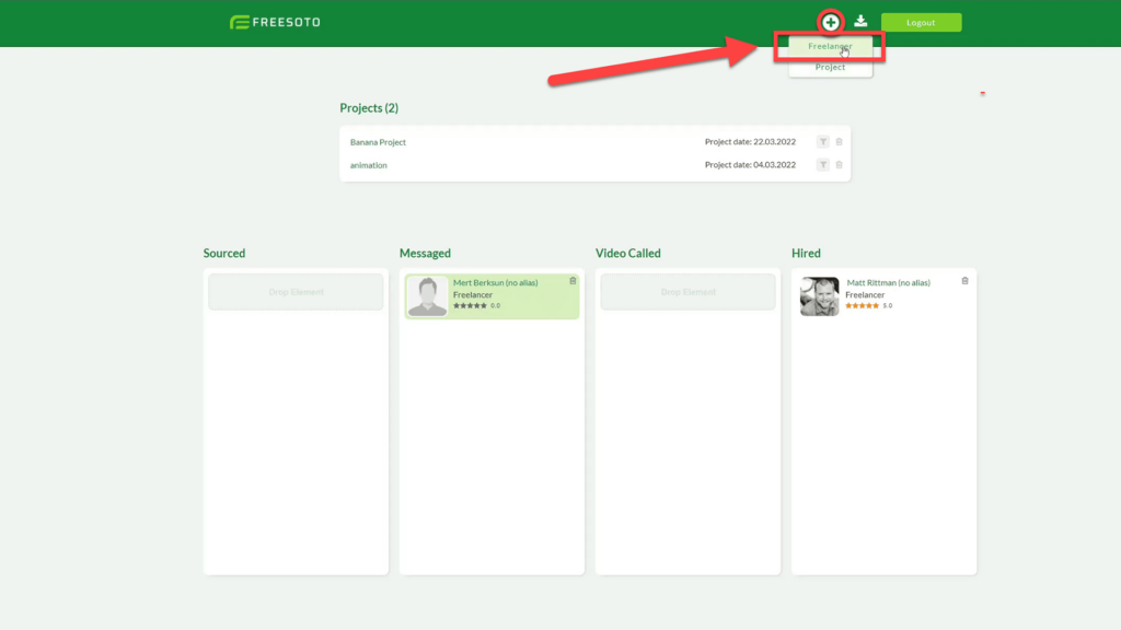 Freelancer Profile Creation Dropdown Menu Drop down menu for creating a new Freelancer profile in Freesoto