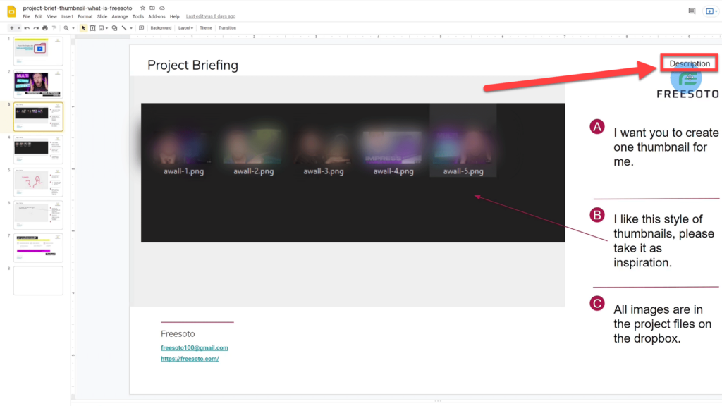 Description Slide with detailed instructions for project brief on Google Slides