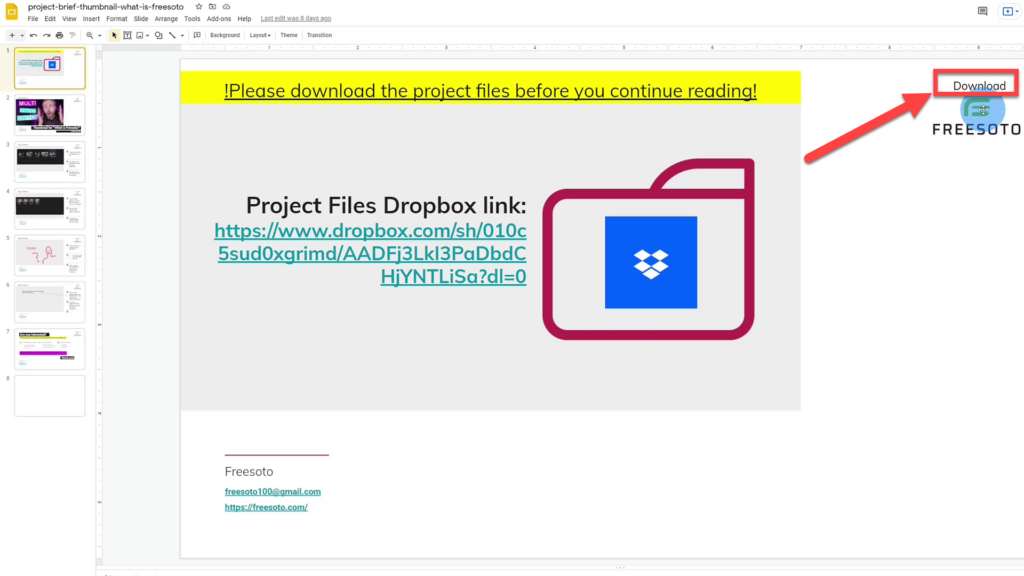 Download Slide of Project Brief with Dropbox Link on Google Slides