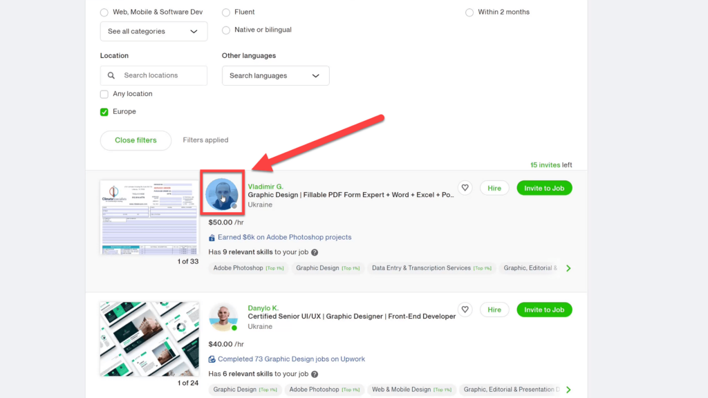Face button leads to Freelancer detail page on Upwork