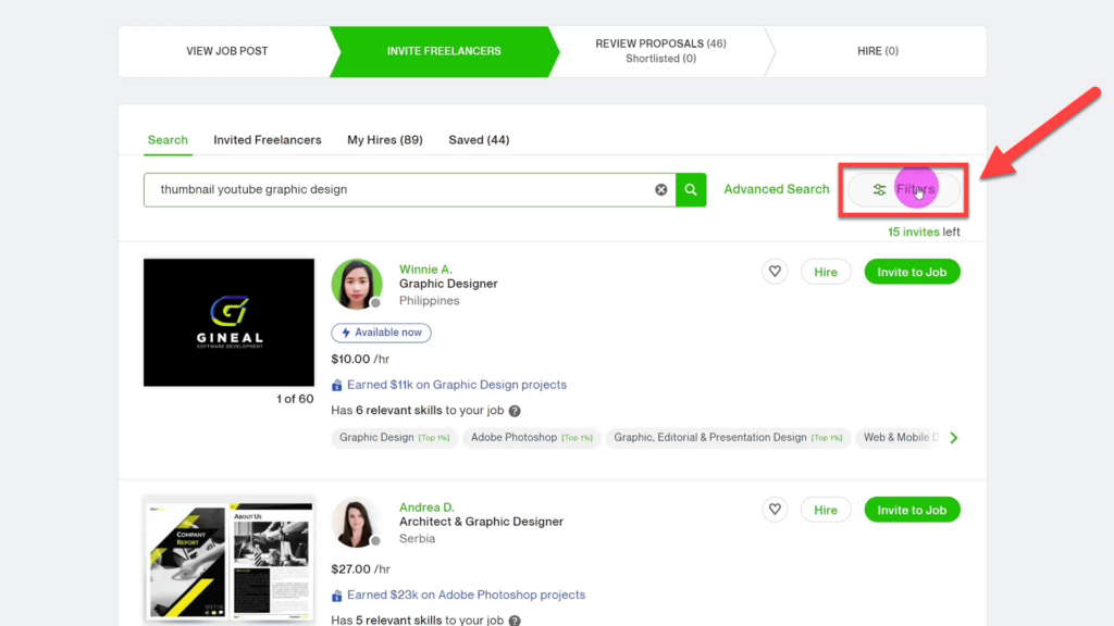Filters Button to narrow search for Freelancers on Upwork
