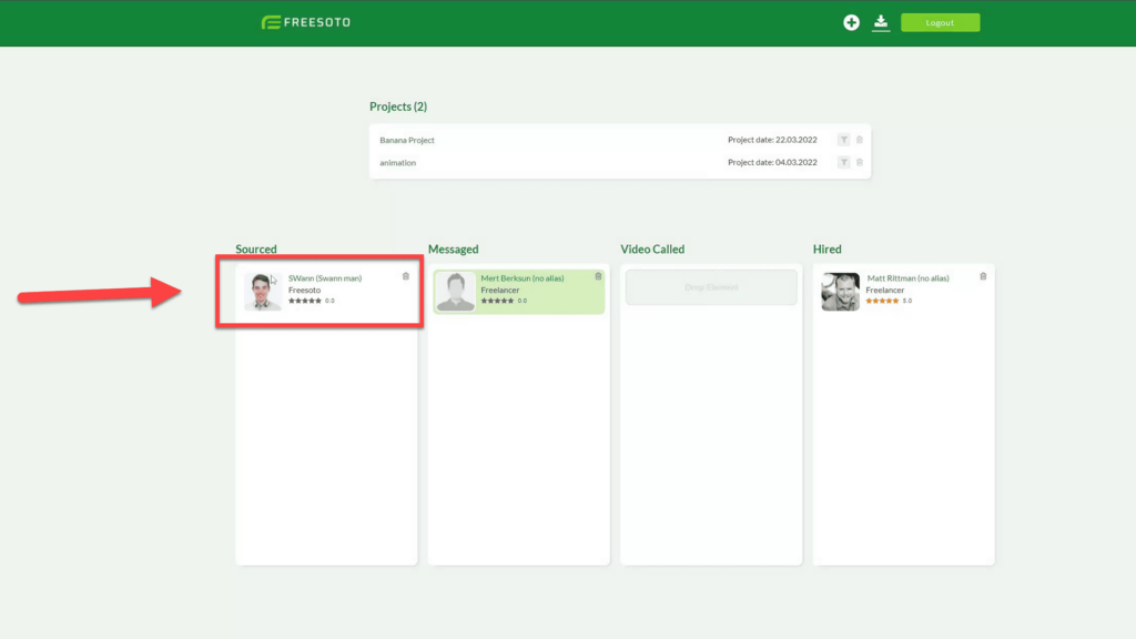 New Freelancer Card in Sourced Column in Freesoto Freelancer Card in Kanban board with picture and name of Freelancer in Freesoto
