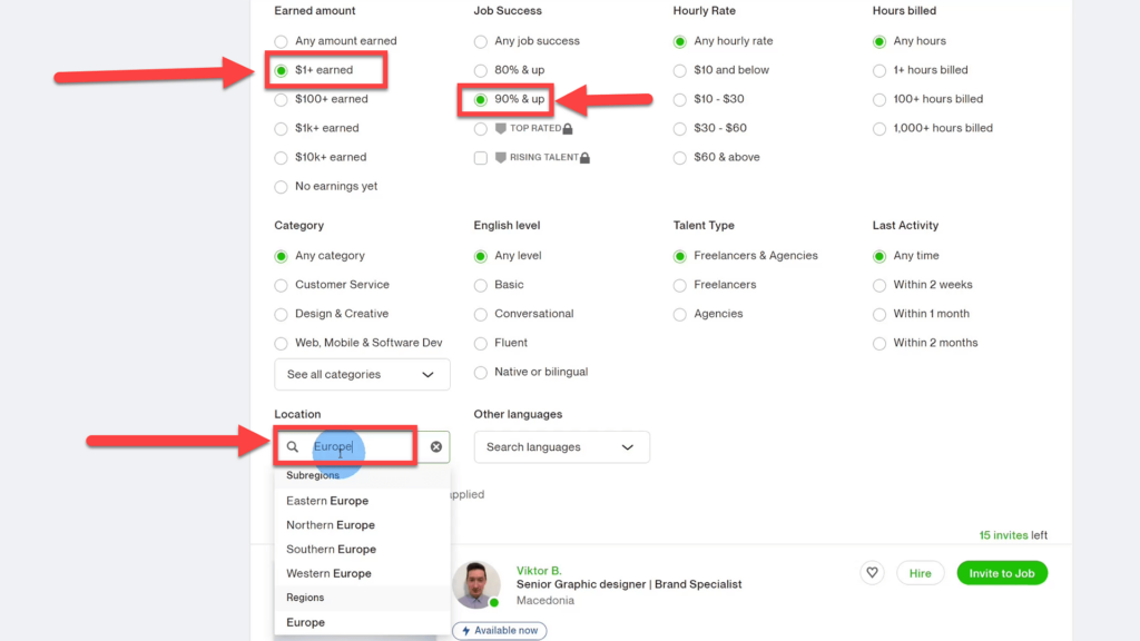Filter to define Attributes looked for in a Freelancer on Upwork