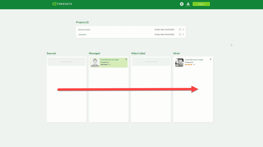 Moving a Freelancer Card in Freesoto Freelancer Card to be moved from left to right through Kanban board in Freesoto