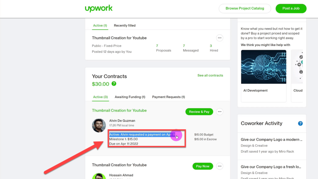 Freelancer requesting payment after project or milestone completion on Upwork