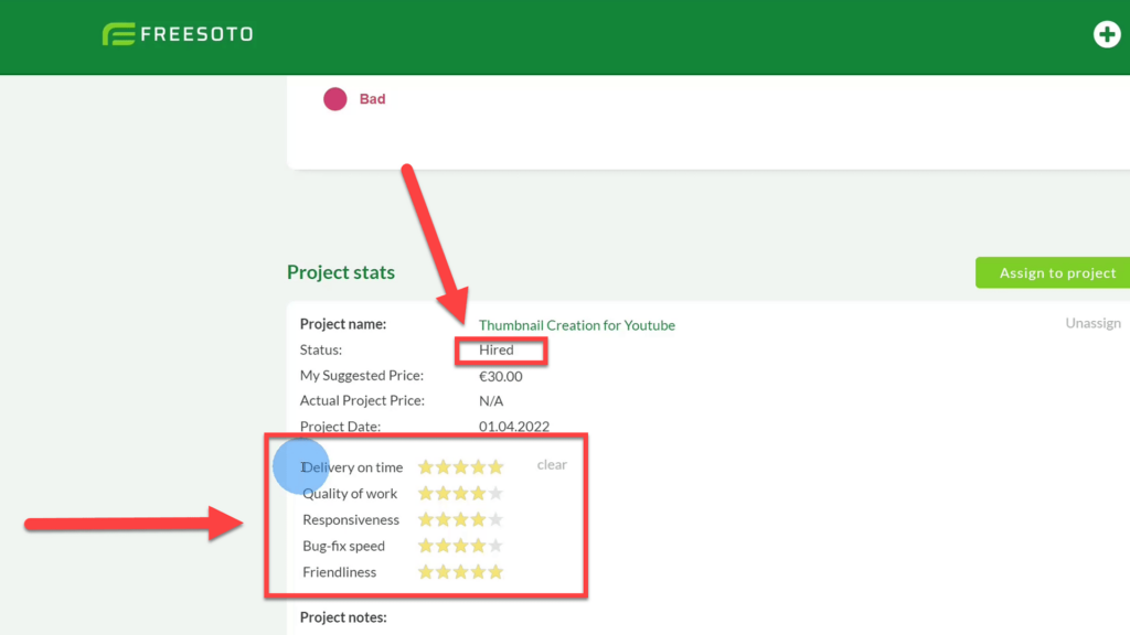 Freelancer and connected project are on hired status with rating in Freesoto