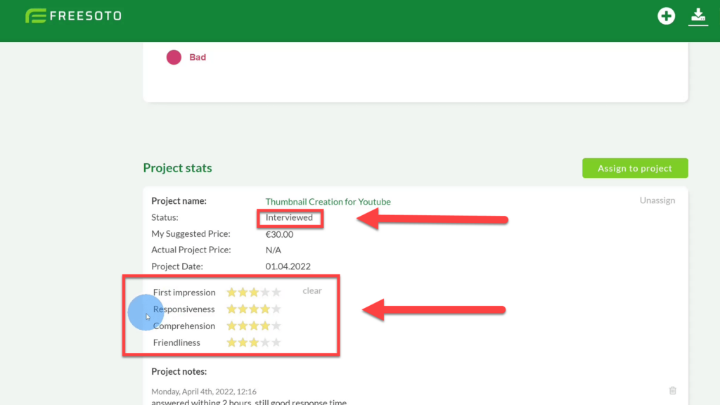 Freelancer and connected project are on interviewed status with rating in Freesoto 