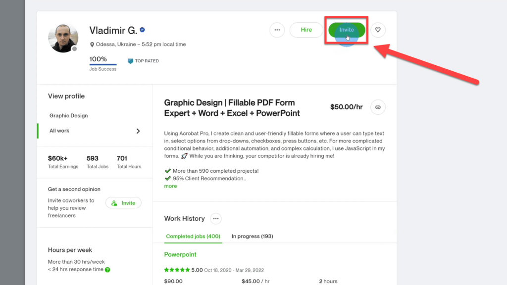 Invite button for Freelancer on their Portfolio page on Upwork 