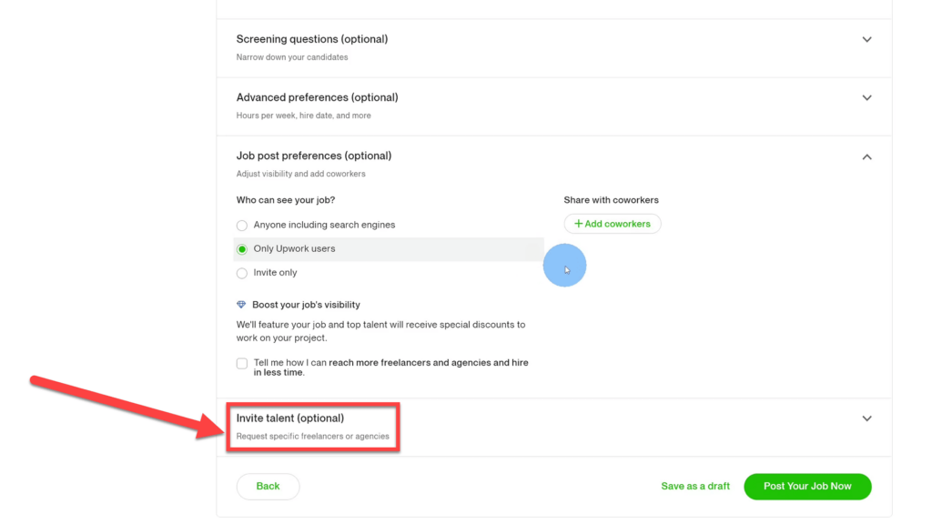 Optional invite talent drop down menu on Upwork