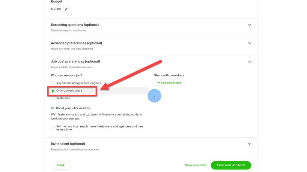 Visibility preferences for Upwork Job post