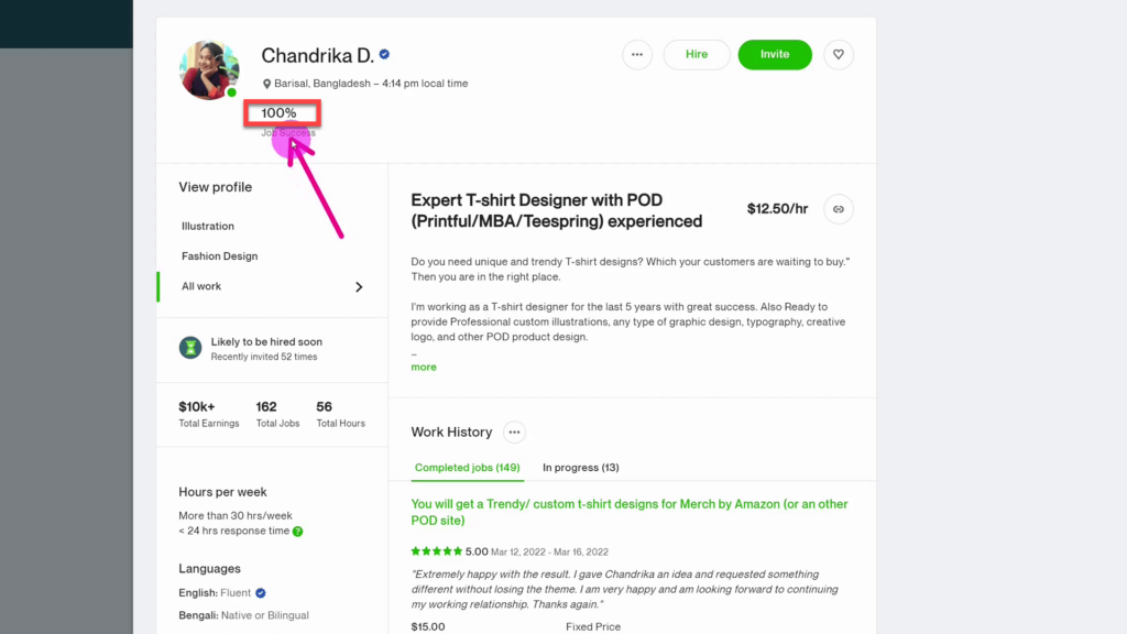 Job Success Percentage Rating of past projects of Freelancer through Upwork 