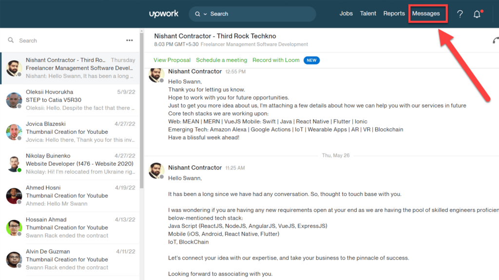 Messages Tab for chatting with Freelancers on Upwork