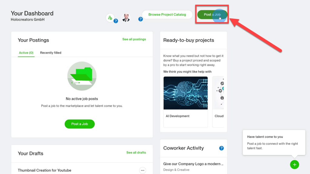 post a job button on the Upwork dashboard