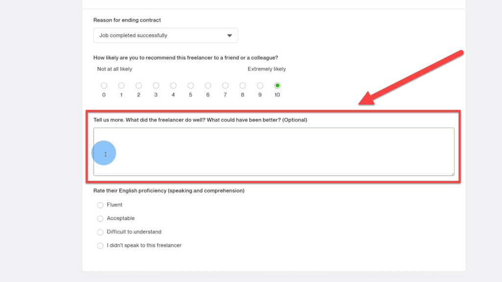 Private Feedback Text box to evaluate Freelancer on Upwork