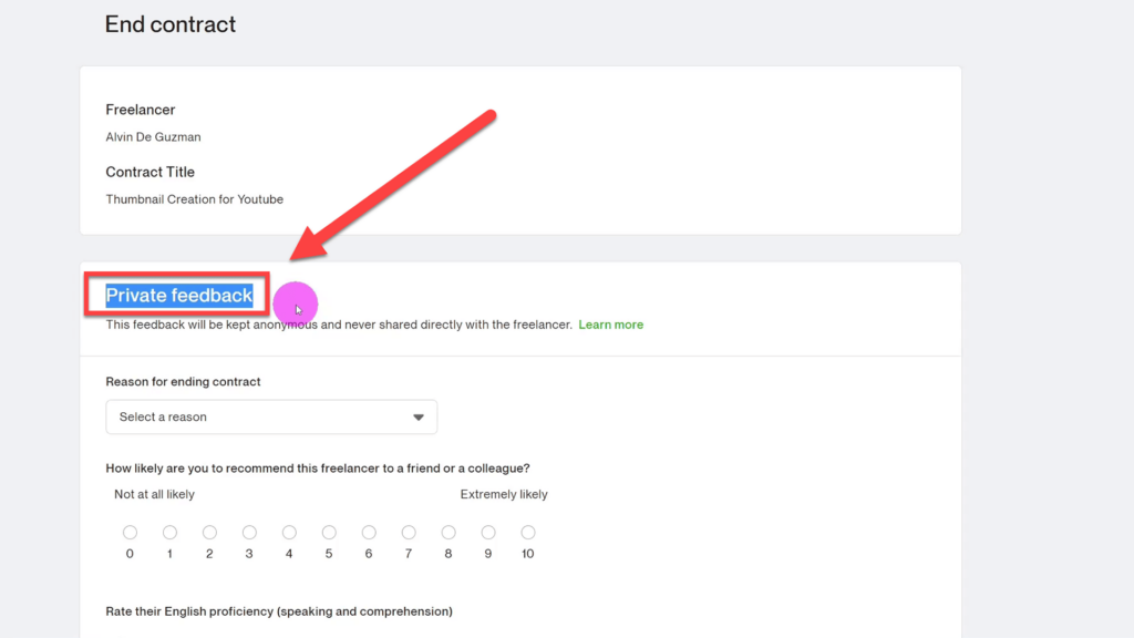 Private Feedback Page to evaluate Freelancer on Upwork