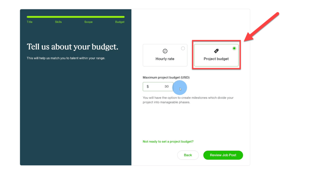 Billing Type, hourly or project budget radio buttons to select on Upwork