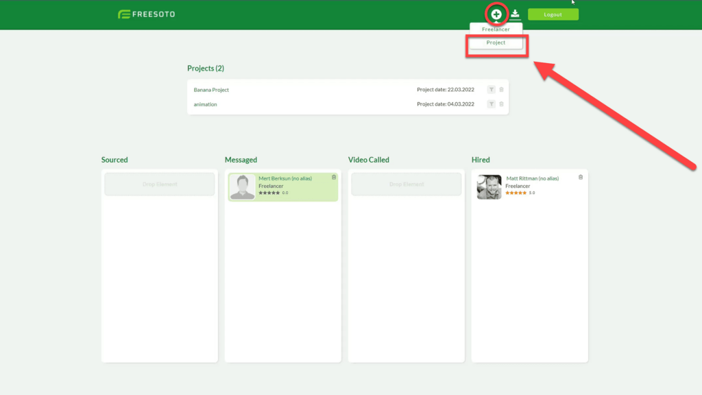 Project Creation Dropdown Menu in Freesoto Drop down menu for creating a new Project in Freesoto