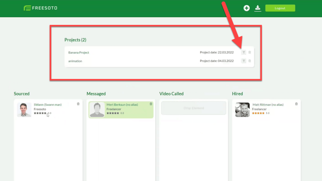 Project List with Filters on Freesoto Filter button on the right of the project list in Freesoto