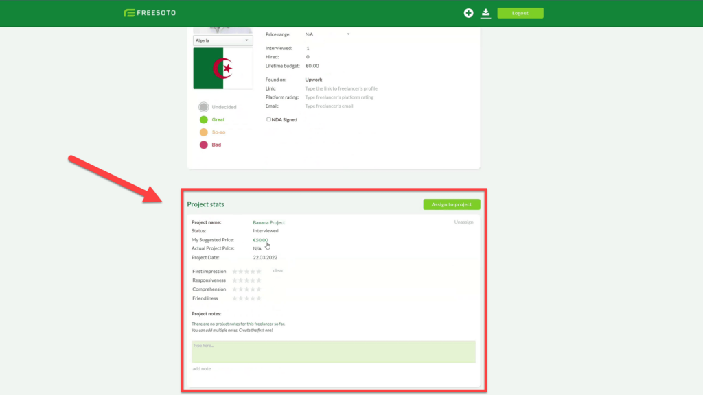 Viewing a Freelancer's Project Stats in Freesoto Projects stats with Freelancer ratings in Freesoto