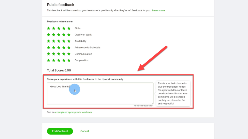 Public Feedback Text box to evaluate Freelancer on Upwork