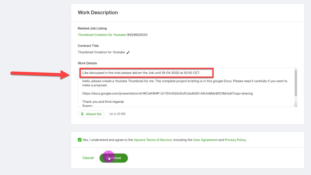 Due date for project is repeated in the work description text box on Upwork