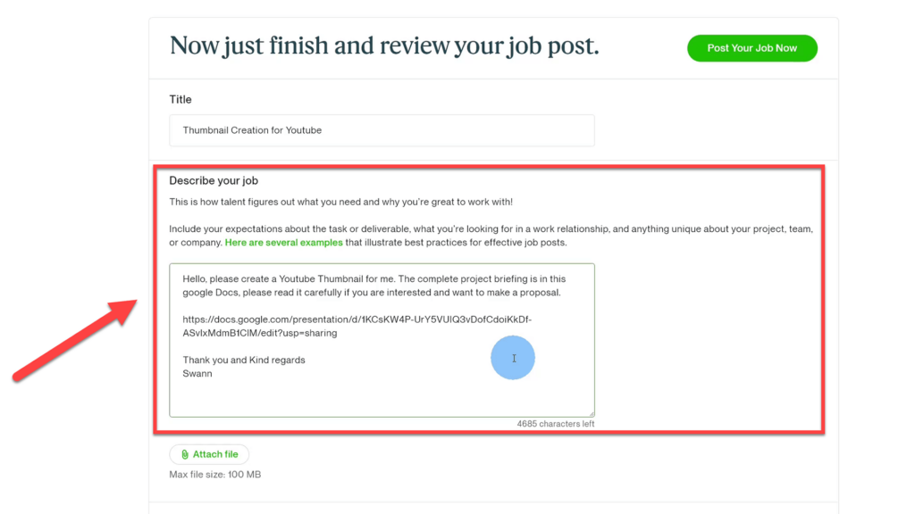 Project description text box for job post on Upwork