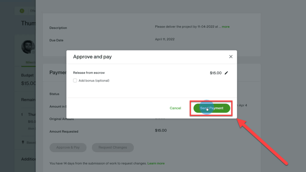 Send Payment to freelancer Button on Upwork