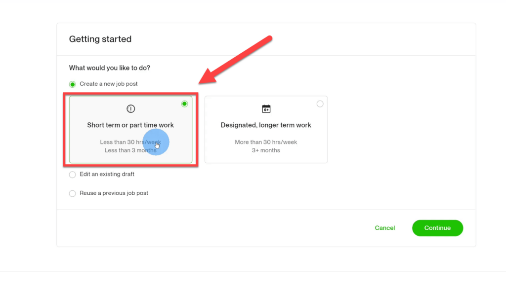 short-term or part-time work radio button on the Upwork getting started page
