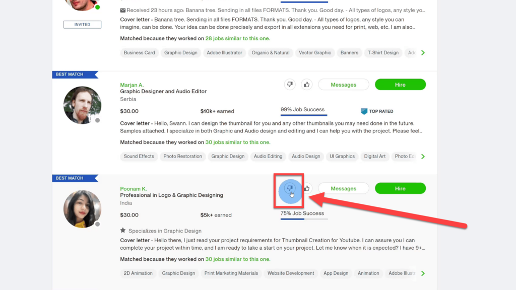 Thumbs down filtering out Freelancer on Upwork