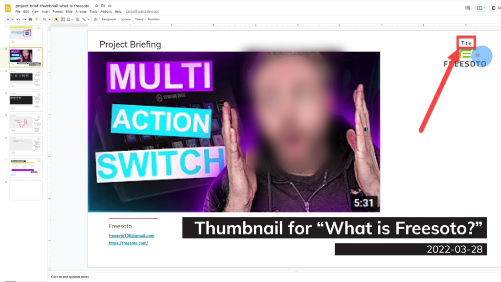 Title Slide with title image and date for project brief on Google Slides