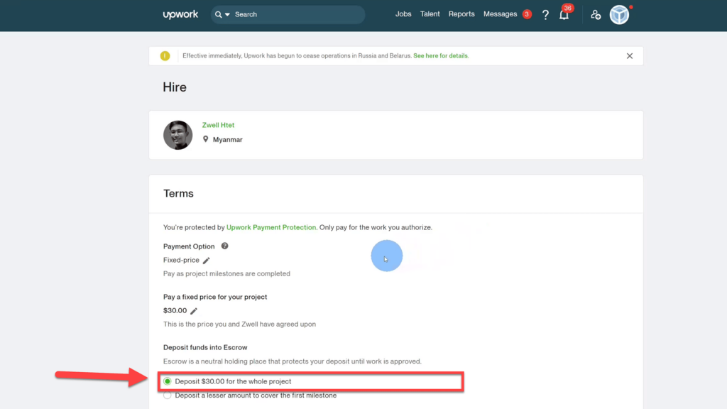 Entire project budget to deposit into escrow in Upwork