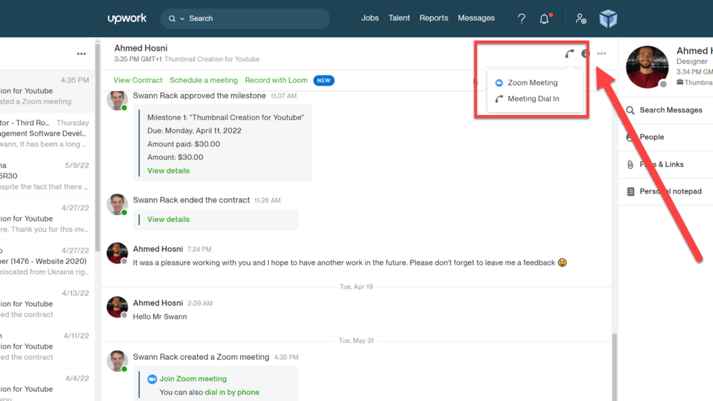 Zoom Call Dropdown feature on Upwork