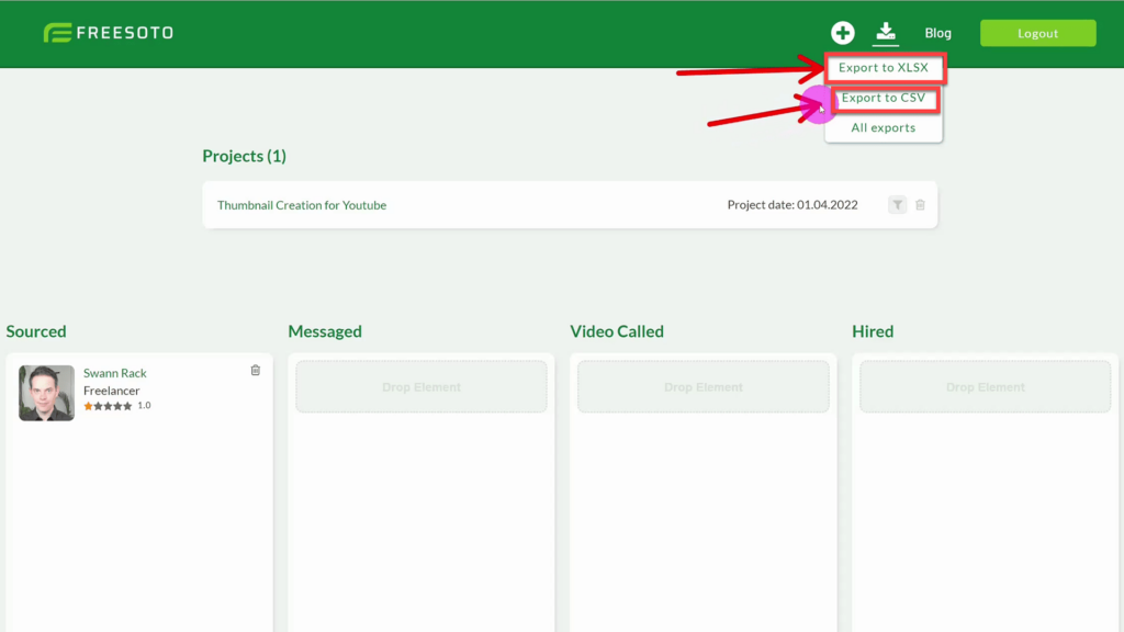 Download format selection on Freesoto XLSX or CSV format selection for download on Freesoto