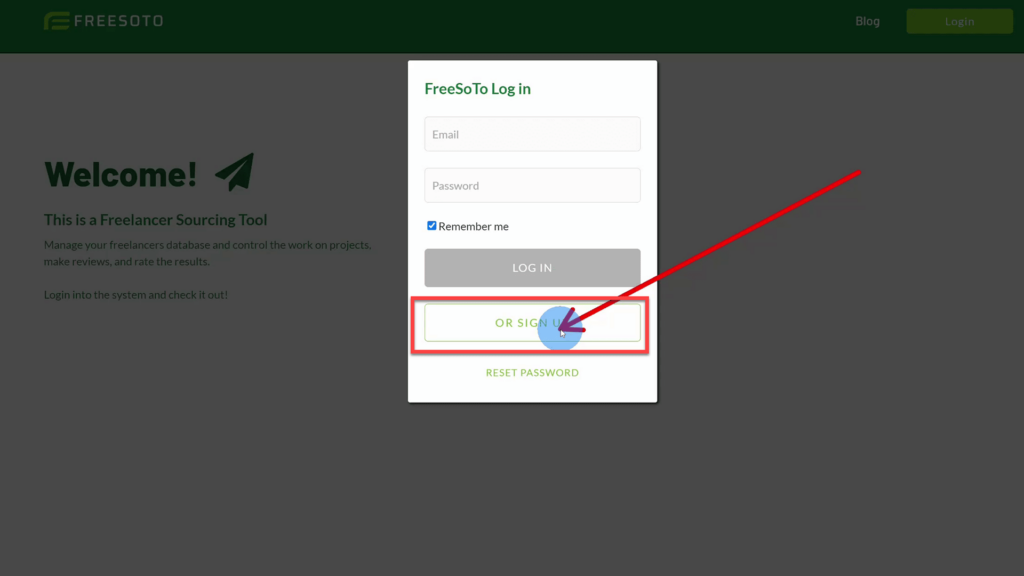 Or Signup button on Freesoto for account creation Or Signup Button on the Freesoto Login Window