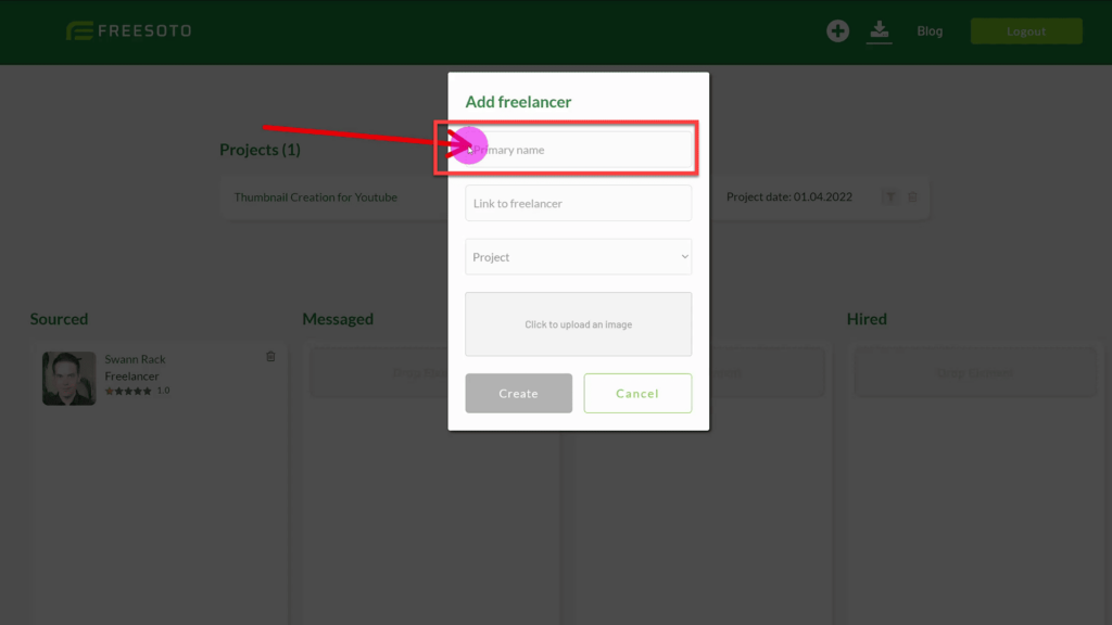 Primary name input filed on Freesoto Primary name input field on add freelancer window in Freesoto