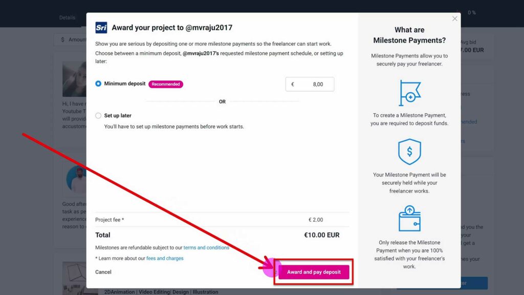 Award and pay deposit button on Freelancer.com Award and pay deposit button with project fee on freelancer.com