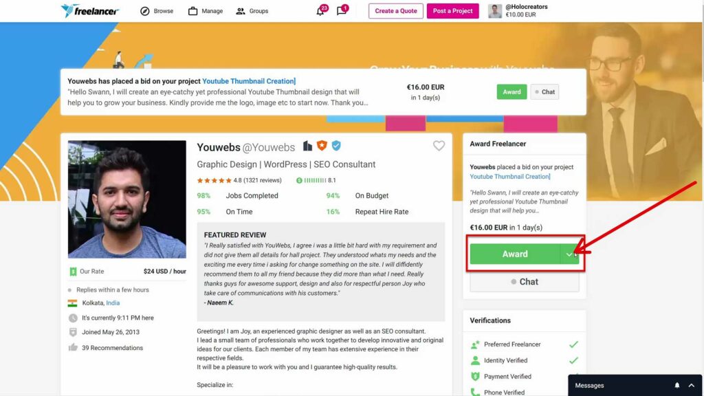 Award drop-down menu 2 on Freelancer.com Another Award button with dropdown menu on freelancer.com