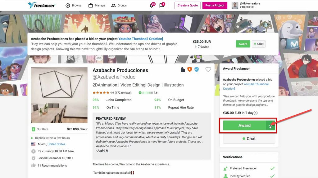 Award drop-down menu 1 on Freelancer.com Award button with dropdown menu on freelancer.com