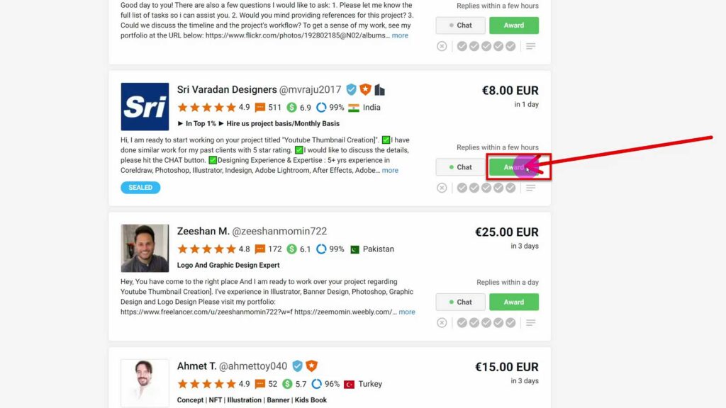 Award button on Freelancer.com Freelancer Award button next to Freelancer Proposal on freelancer.com