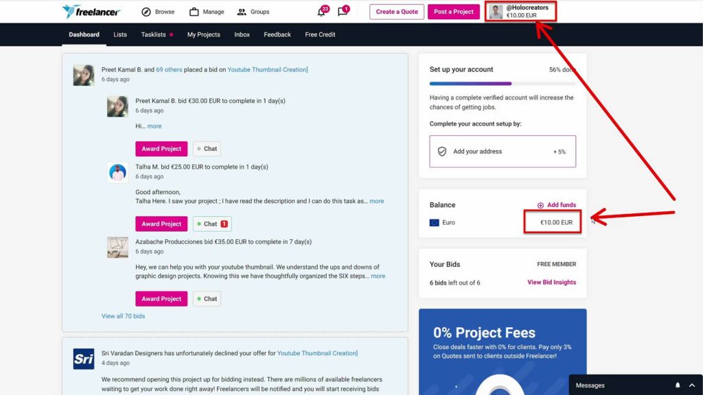 Balance on Freelancer.com Balance amount displayed in top right corner and middle of page on freelancer.com