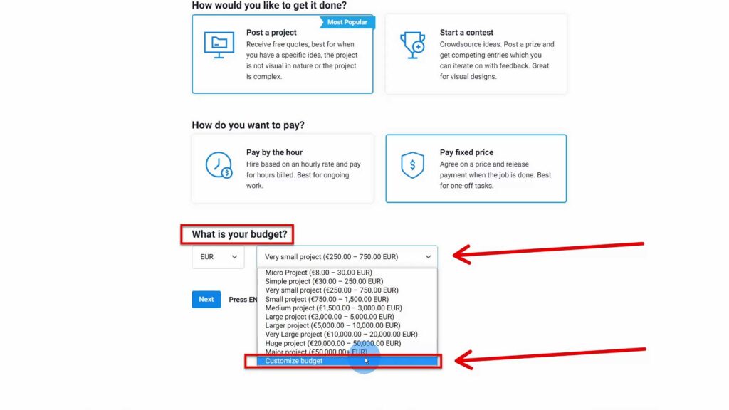 Budget drop down menu on Freelancer.com Drop down menu to select budget on freelancer.com