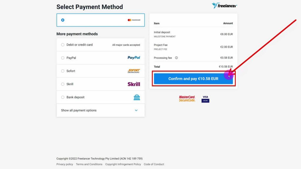Confirm and pay button on Freelancer.com Confirm and pay button with total amount on freelancer.com