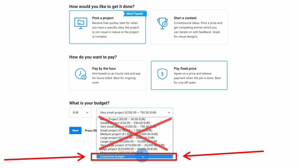 Customize Budget on Freelancer.com Customize Budget Setting on the bottom of the dropdown menu on freelancer.com