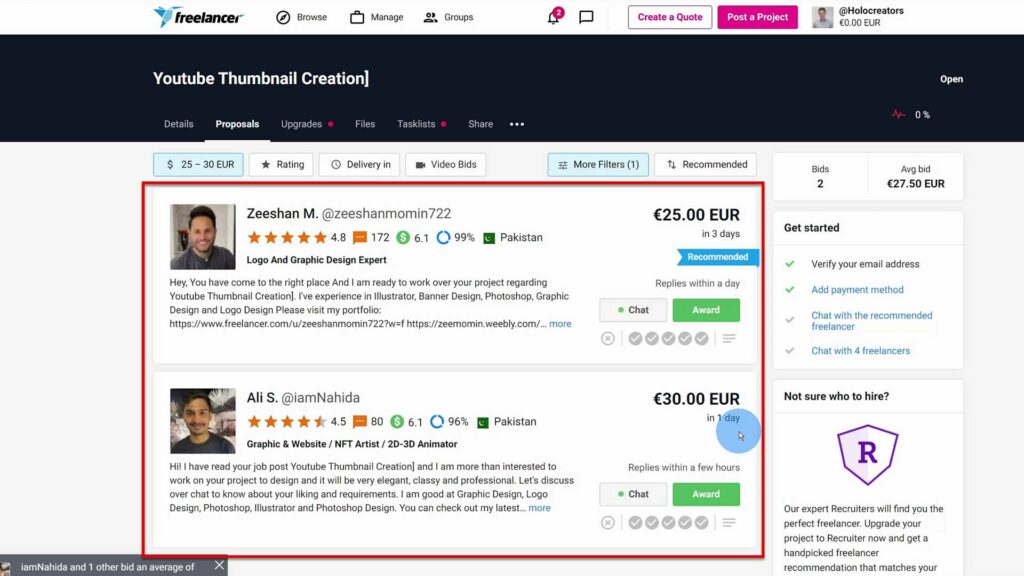 Two Freelancer Proposals on Freelancer.com Freelancer Proposal List after posting project on freelancer.com